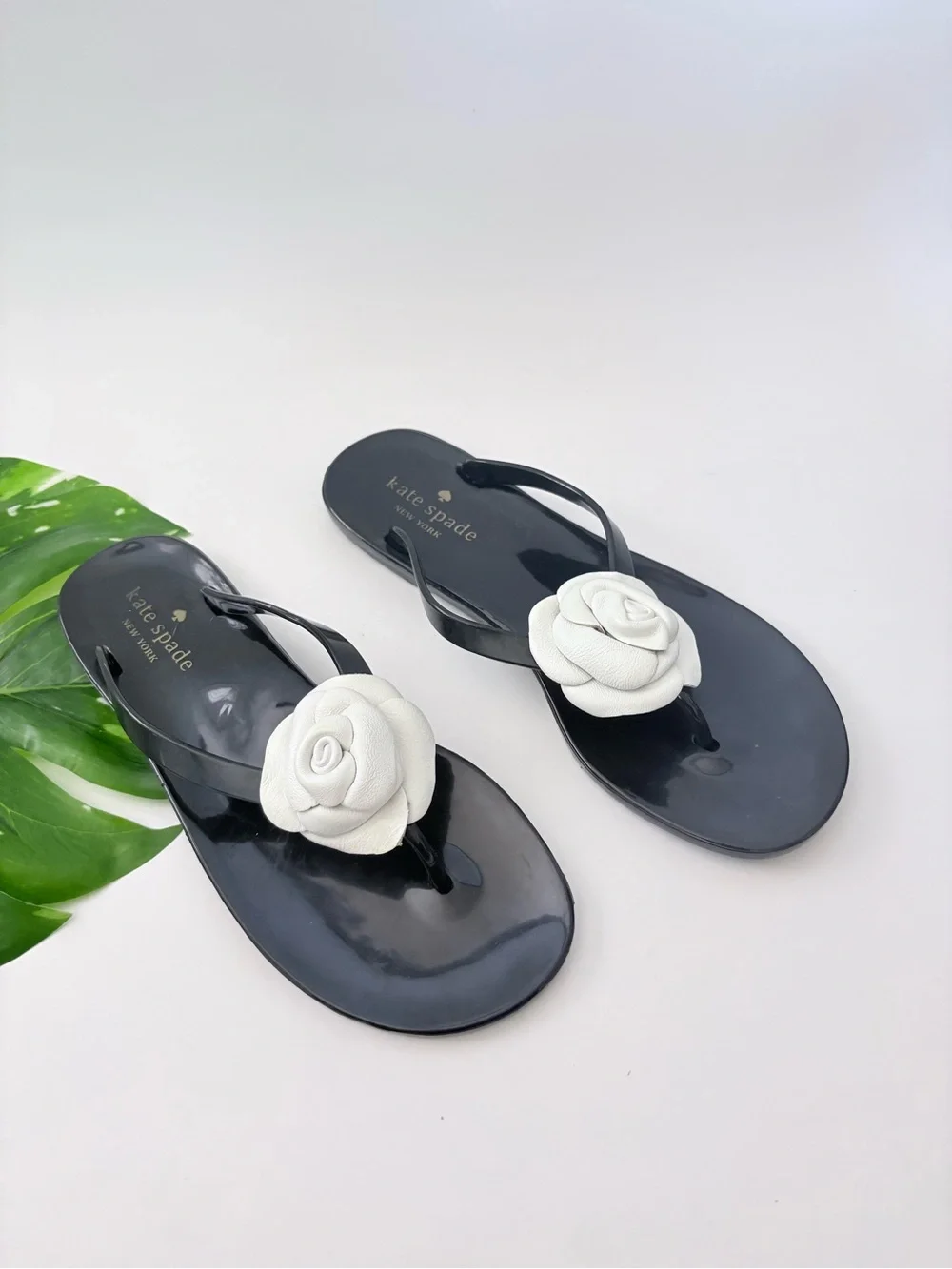 Kate Spade New York Black Jelly Flip Flops White Camellia Flower Sandals